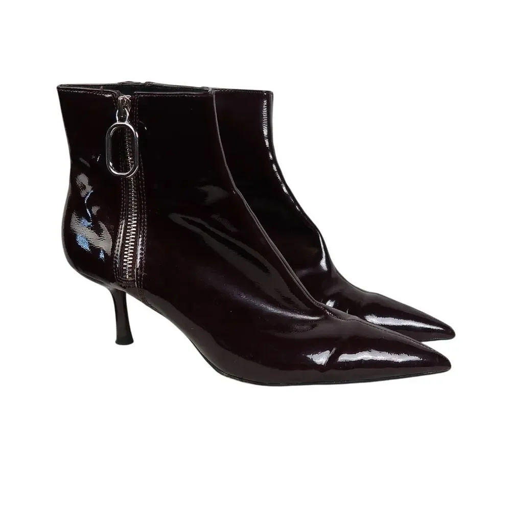 Zara Dark Burgundy Faux Patent Leather Kitten Heel Ankle Boots 38